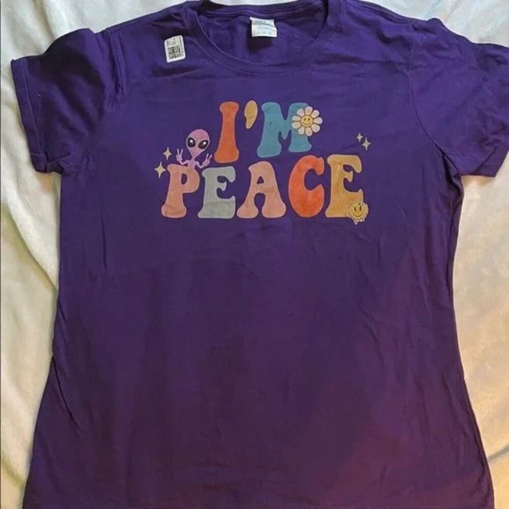Peace Purple Shirt with 'I'm Peace' Flower Alien Design (Ladies L)
